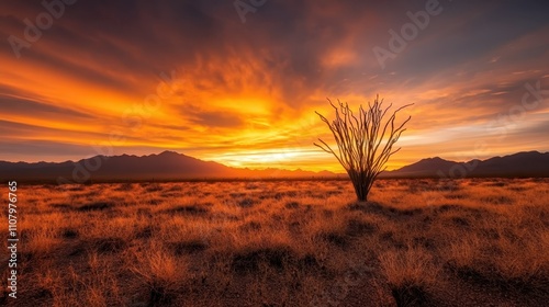 A desert scene at sunset featuring an ocotillo plant silhouetted against a blazing orange sky, with mountains in the background, evoking feelings of wonder and beauty. photo