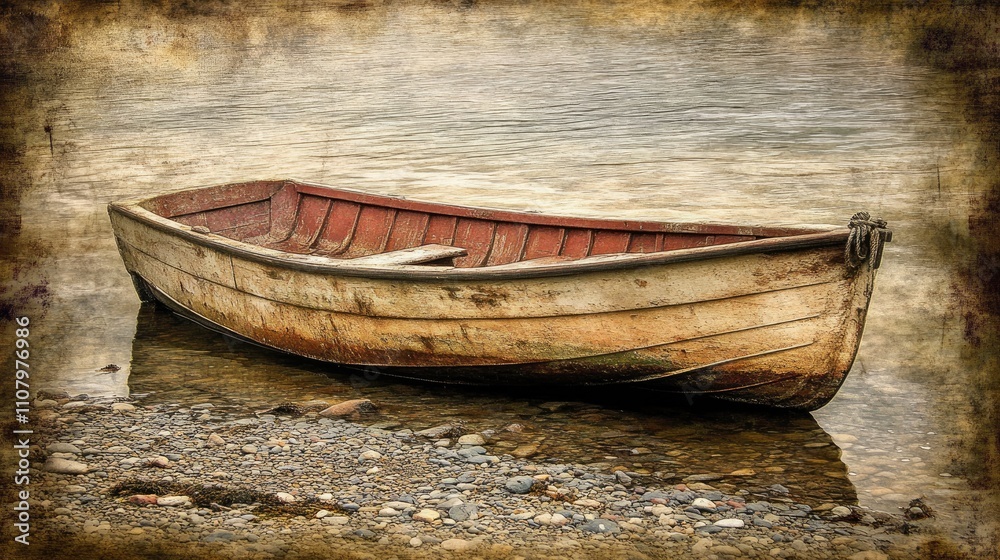 Obraz premium A vintage small fishing boat resting on a pebbled shore, its worn wood telling tales of countless fishing trips.