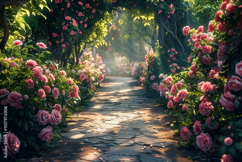 A serene pathway lined with blooming roses. photo