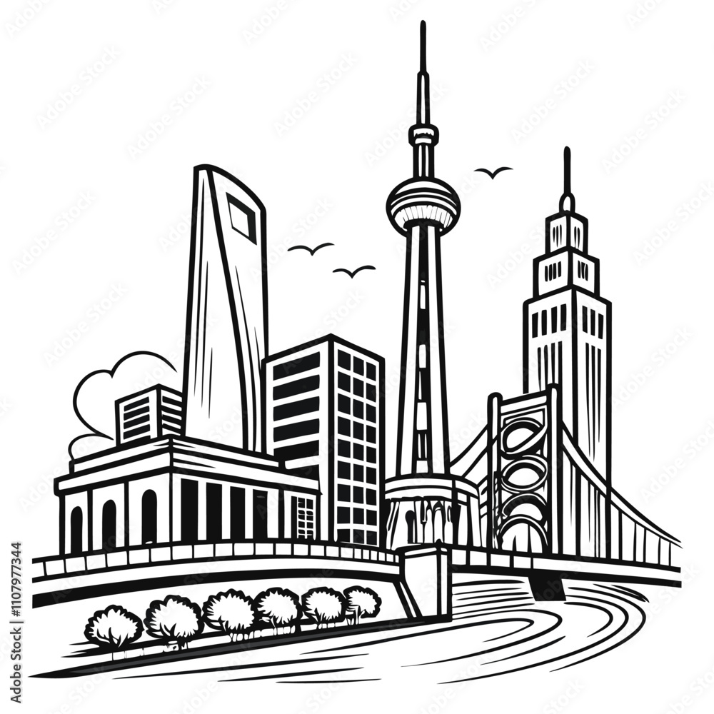 Fototapeta premium Modern Monochrome Line Art Cityscape