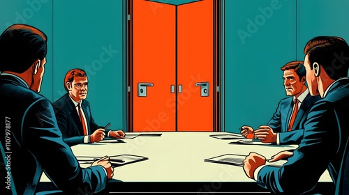 Businessmen in meeting, facing closed doors. photo