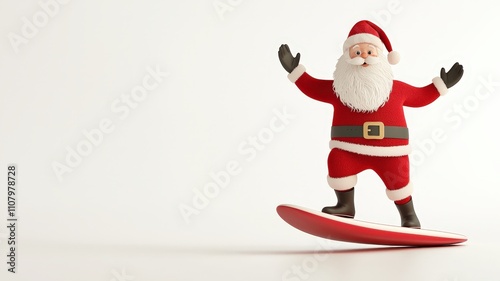 3d santa and holiday concepts. Santa Claus surfing on a red board against a plain background.