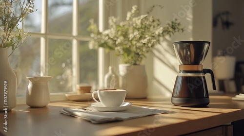 Wallpaper Mural A modern coffee maker sits on the table, next to an empty cup of hot black coffee and some white napkins. In front of large windows with natural light Torontodigital.ca