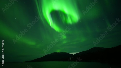 Aurora, green dancing northern lights in Norway