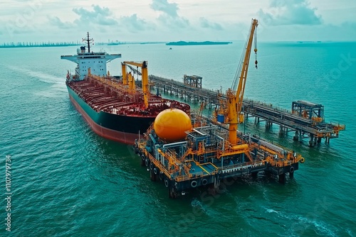 Cargo ship docked at oil terminal under a cloudy sky near coastal waters. Generative AI photo