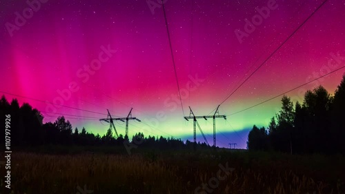 Aurora, green purple and red dancing northern lights in Norway