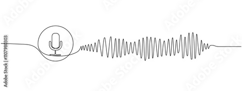 One continuous editable linear music player soundbar template with microphone button. Recording sound and sound wave in line art style. Vector illustration
