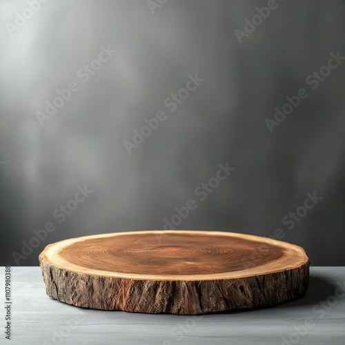 Natural wooden round slice with visible grain patterns on a light wooden table, illuminated by soft natural light. Perfect for rustic decor or product display. photo