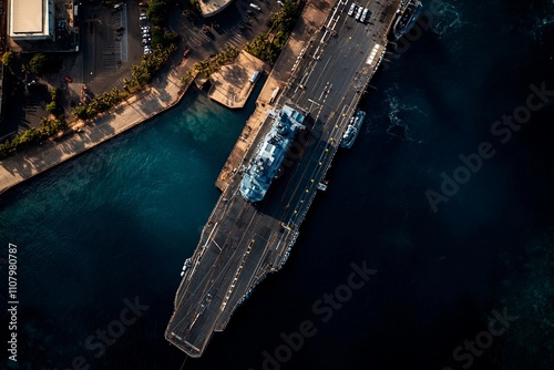 Majestic aircraft carrier docked at a bustling harbor during golden hour. Generative AI