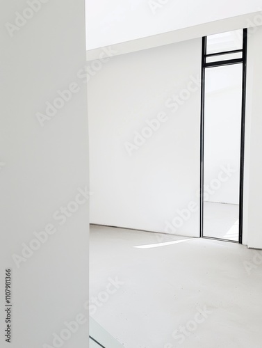 Minimalist Interior: Bright, airy space with white walls, sleek lines, and a large glass door. Ideal for modern architecture and design visuals.