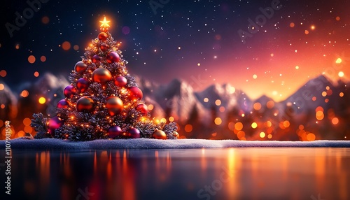 Decorated Christmas tree illuminated against a snowy forest, with a starfilled sky and mountains in the background photo