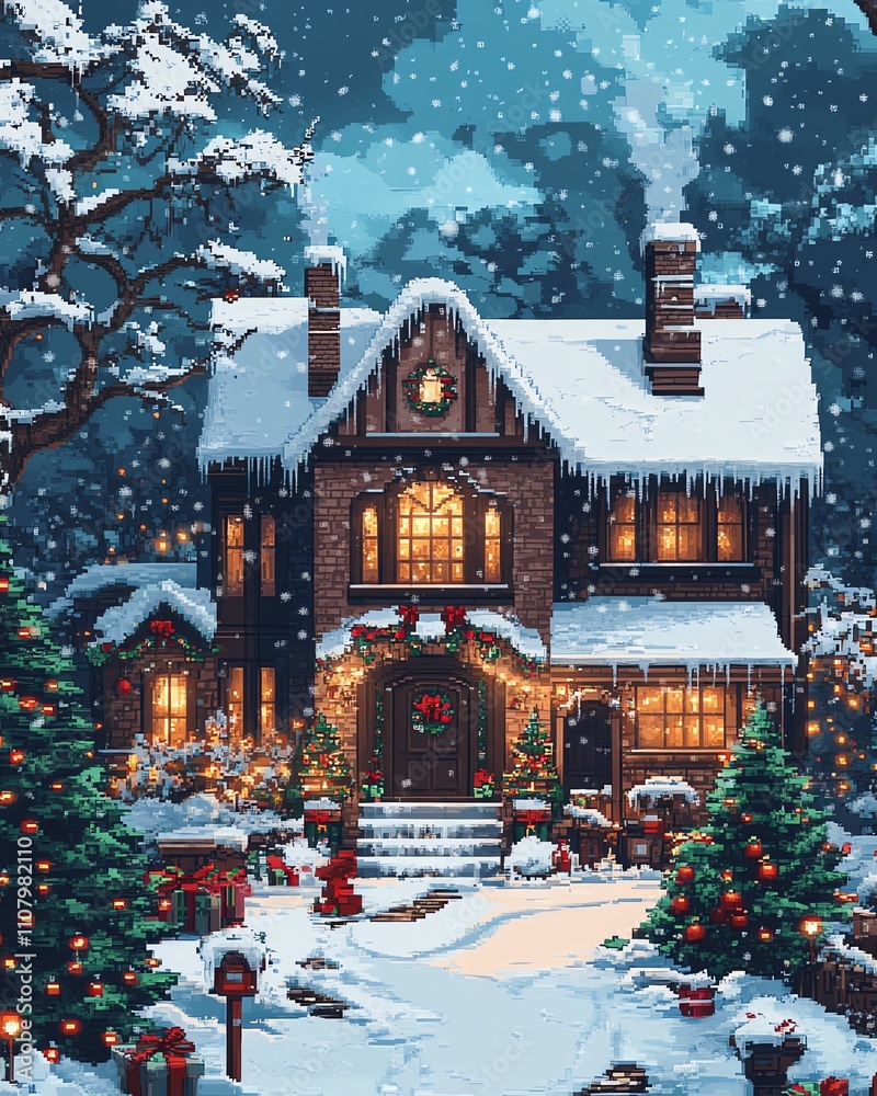 Snow-covered pixel art mansion with Christmas decor, surrounded by trees and gifts, festive ambiance