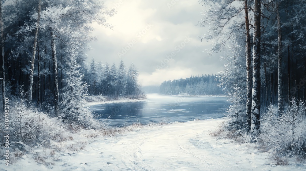 Snowy forest path along a frozen lake, frosted trees on either side, overcast white sky, serene and tranquil winter scene Snowy forest path along a frozen lake, frosted trees on either side, overcast white sky, serene and tranquil winter scene