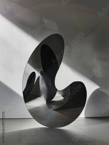 Modern Abstract Sculpture: A sleek, black metallic form set against a neutral backdrop, showcasing dynamic shapes and shadows. Ideal for design inspiration.