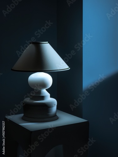 Contemporary lamp design in a minimalist setting with soft blue light, ideal for interior decoration and ambiance.