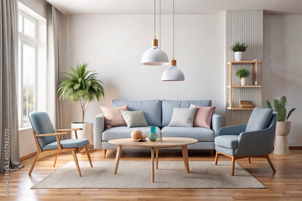 Fototapeta premium Light-colored living room with a light blue couch, armchairs, and wooden coffee table. Plants and pendant lights are also visible.