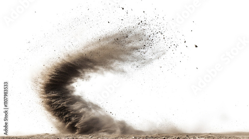 The dust devil spins, a small whirlwind of dust and debris isolated on white & transparent a background.