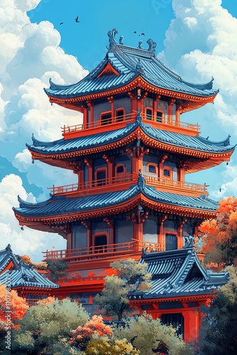 traditional Japanese pagoda with tiered roofs and ornate details
