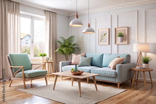 A light-filled living room with a light teal sofa and armchair, wooden tables, and framed artwork.