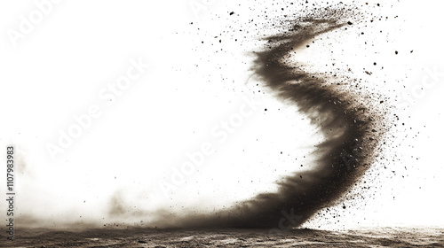 The dust devil spins, a small whirlwind of dust and debris isolated on white & transparent a background.