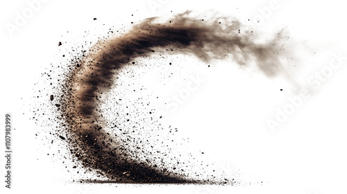 The dust devil spins, a small whirlwind of dust and debris isolated on white & transparent a background.