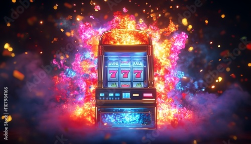 Vibrant slot machine bursting with colorful lights and energy, symbolizing luck and excitement