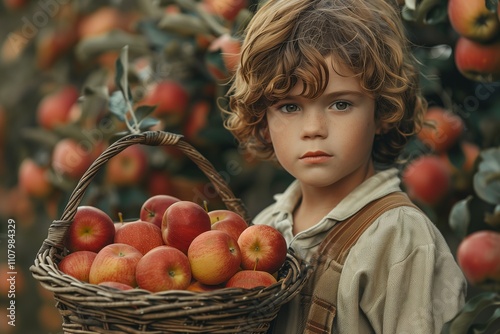 Child with basket of fresh harvested apples. photo