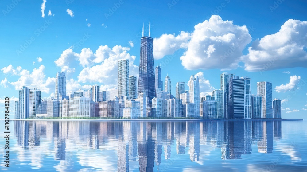 Fototapeta premium Illustration Beautiful skyline view with simple geometric buildings under blue sky. Ai generated image