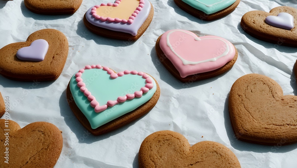 Variety of heart-shaped gingerbread cookies decorated with colorful icing on a white surface Variety of heart-shaped gingerbread cookies decorated with colorful icing on a white surface