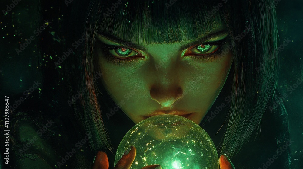 Naklejka premium Mysterious woman with glowing red eyes gazes intently at a glowing orb, dark fantasy art.