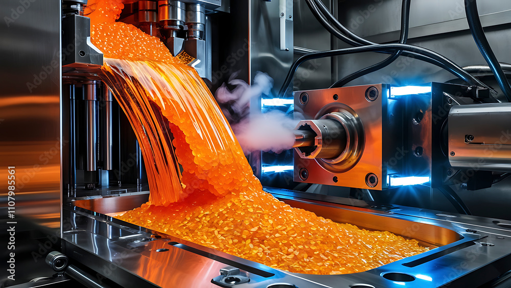 Melting Thermoplastic Granules Glow Orange and Yellow in High-Heat ...