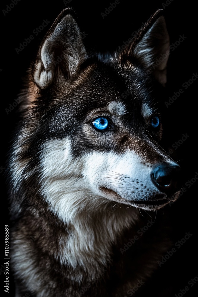 Fototapeta premium Portrait of a husky dog with blue eyes on a black background
