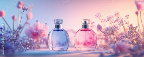 Two perfume bottles with flowers in the background,