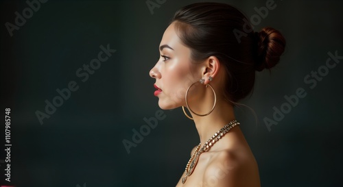 Young woman poses in profile view against dark backdrop. Luxurious jewelry, makeup highlight features. Minimalist style, dark colors create sophisticated aesthetic. Image evokes beauty, elegance, photo