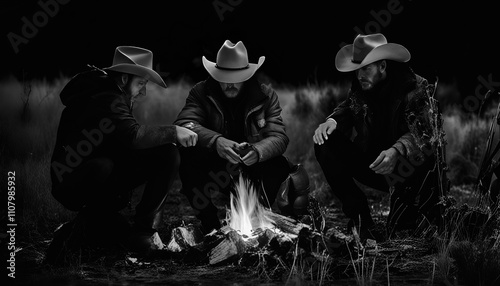 cowboys keeping warm by a campfire