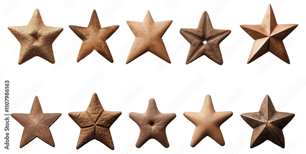 Obraz premium Ten wooden star sculptures with varying textures and shapes