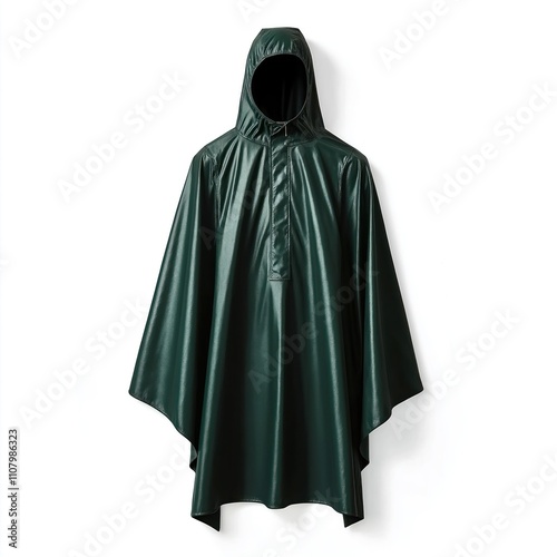 Dark green rain poncho isolated on white background. Outdoor activity gear. Stylish, practical. Provides protection from rain, wind. Comfortable for movement. Ideal for various outdoor activities.