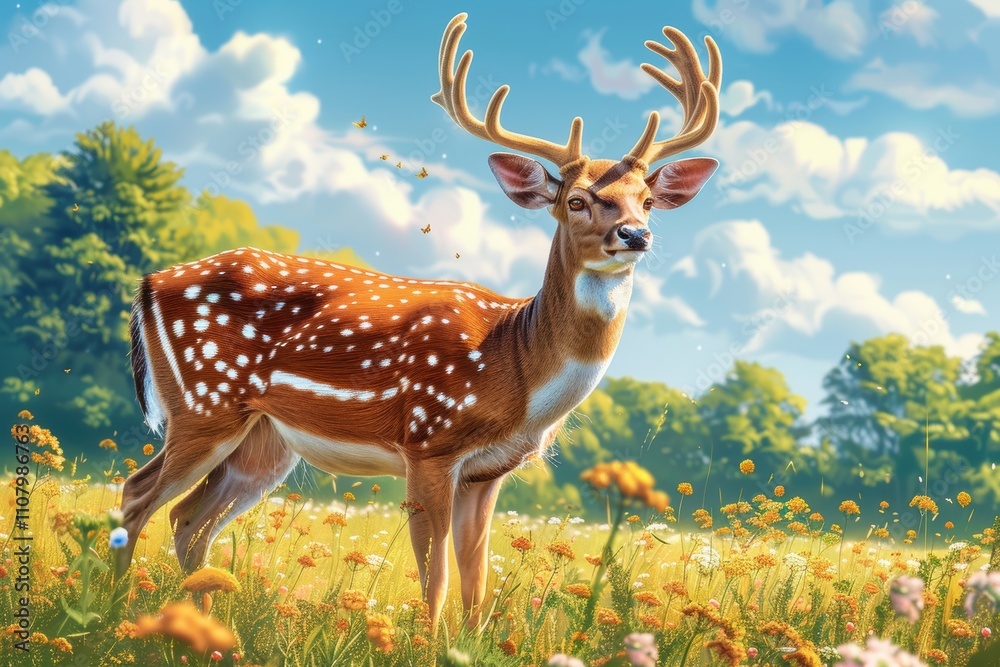 Fototapeta premium A serene deer stands in a vibrant meadow filled with flowers under a blue sky.