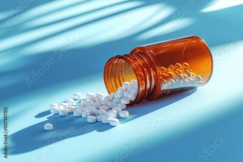 White homeopathic globules spilling out of brown glass bottle on blue background