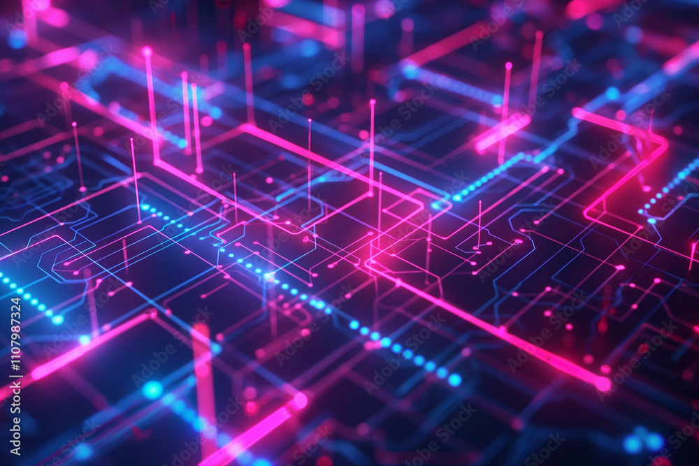 Obraz premium Abstract technological network with glowing nodes and lines. Modern and complex background. Concept of future digital technology, glow of energy. Glow of energy. Technology and engineering background