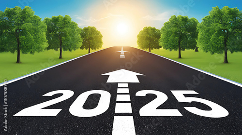 Straight Road to 2025 with Sunrise and Progress Arrow