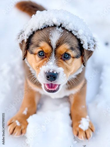 A Cute Little Canine Companion with a Snowy Coat and Adorable Brown Floppers photo