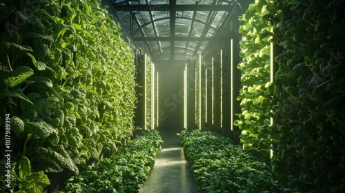 A vibrant vertical farming system showcasing sustainable and lush crops in an eco-friendly environment. Food Insecurity Innovations photo