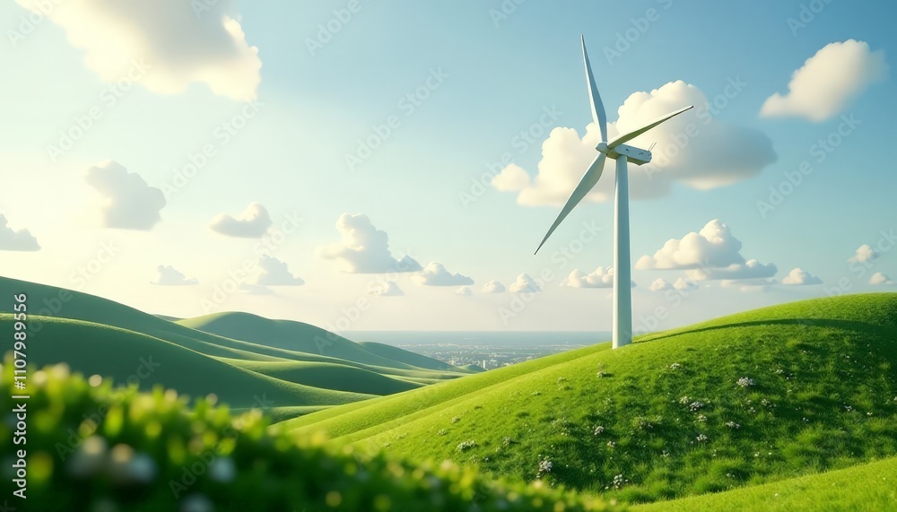 Obraz premium Sprawling green hills with a wind turbine against a serene blue sky and clouds