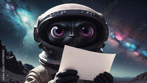 A black alien with big eyes in a spacesuit holds a blank white sheet of paper. The alien is staring ahead. The background is a vibrant universe. photo