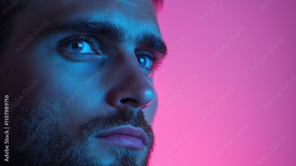 Naklejka premium Close-up portrait of a man's face. the man has a beard and mustache and is looking off to the side with a serious expression. his eyes are a piercing blue color and his eyebrows are slightly furrowed.