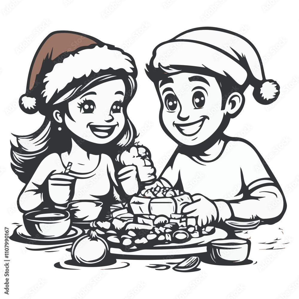 family having Christmas foods together , sharing the meal, illustration family having Christmas foods together , sharing the meal, illustration
