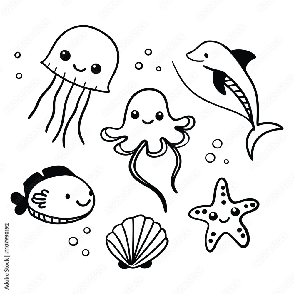 Fototapeta premium Set of Fish outline coloring page for kids art silhouette.