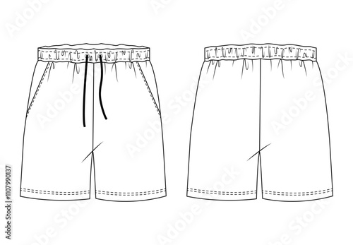 Technical drawing of athletic shorts with an elastic waistband and drawstring.