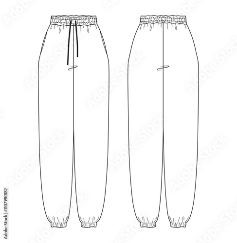 Technical illustration of casual joggers with an elastic waistband and gathered ankles.